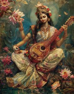 a painting of a woman playing the sita with flowers in her hair and holding a ukulele