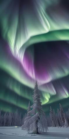 the northern lights shine brightly over snow covered trees and evergreens in this winter scene