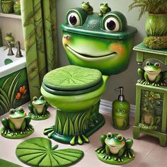 a bathroom with green decor and frog decorations