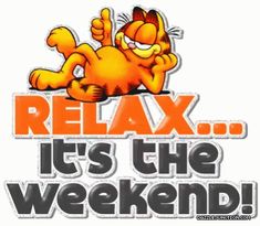 an orange cat with the words relax it's the weekend