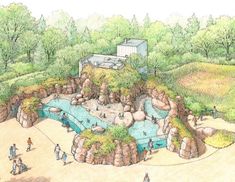 an artist's rendering of a pool surrounded by trees and people walking around it