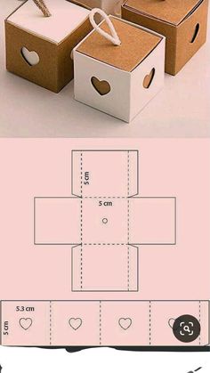 two boxes with hearts on them are shown next to the box that is cut out