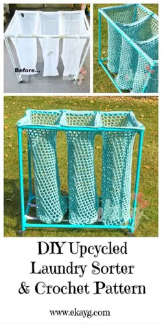 the diy upcycled laundry sorter and crochet pattern is shown