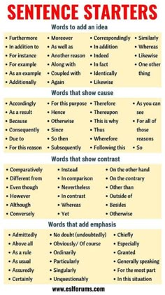 a poster with words and phrases to describe the different types of sentences in english