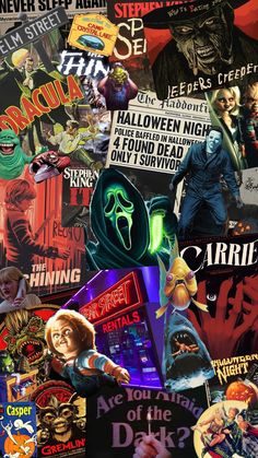 a collage of posters and stickers on a black background with the words halloween