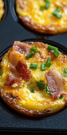 three mini pizzas with bacon and green onions in a muffin tin