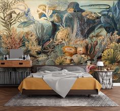 a bedroom with a large mural on the wall