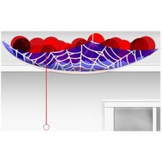 a spider web ceiling light with red and blue balls hanging from it's side