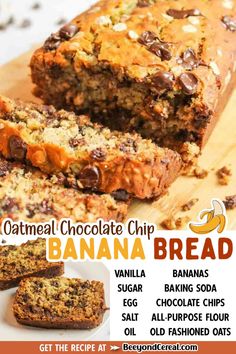 banana bread with chocolate chips on top and text overlay that reads, get the recipe