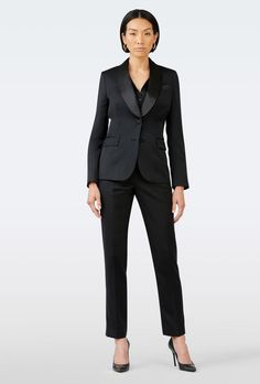 Made from luxurious cashmere and silk-blend Super 140s wool, this impeccably tailored tuxedo is beautifully structured for a clean drape and sleek silhouette. Satin trim provides stylish contrast, subtly highlighting the buttons, lapels, and pockets. Female Tux, Formal Wedding Guest Attire, Gray Suits, Formal Wedding Attire, Suits Black, Black Tie Attire, Mens Wedding Attire, Blue Suits, Dark Suit