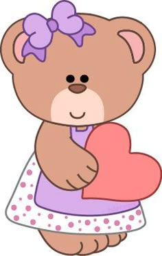 a brown teddy bear holding a heart in its paws and wearing a purple dress with polka dots