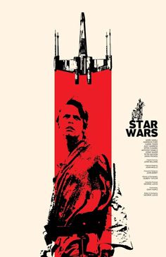 the poster for star wars is shown in red and black, with an image of a man