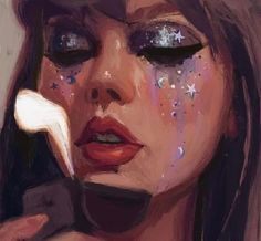 a painting of a woman with stars on her face holding a cell phone to her ear