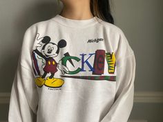 "Very Good Shape. Pit to Pit is 24\" Top to Bottom 28 \" Tag Size: L Melanie Room A1006" Disneyland Outfits, Fit Check, White Sweaters, Crewneck Sweater, Crew Neck Sweater, Disneyland, Michigan