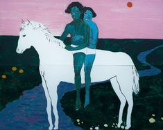 a painting of two people sitting on top of a white horse