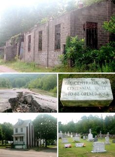 four different pictures of an old building with graffiti on the walls and in the ground