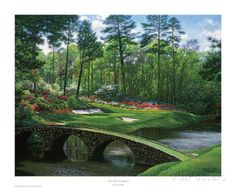 a painting of a golf course with a bridge and flowers in the foreground, surrounded by trees