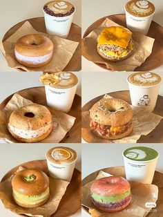 there are many different types of donuts on the trays and in their cups