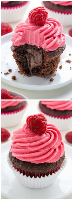 chocolate cupcakes with raspberry frosting on top, and the bottom one is