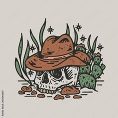 a skull wearing a hat with cacti and plants around it on a gray background