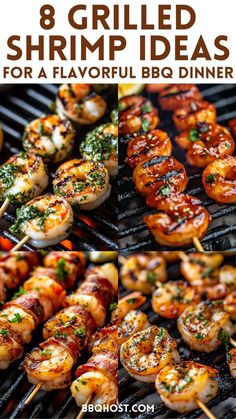 grilled shrimp and vegetable skewers with text overlay that reads 8 grilled shrimp ideas for a flavorful bbq dinner