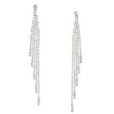 Sparkle all day and all night long with this pair of gorgeous earrings! Silver-tone drop earrings feature long & linear glass rhinestone fringe. Finish: Silver-tone Drop: 4" Closure: Post back Material: Metal/Glass - Claire's Silver Rhinestone 4" Fringe Drop Earrings Silver Fringe Earrings, Earrings Silver Long, Rhinestone Drop Earrings, Long Rhinestone Earrings, Silver Hanging Earrings, Hanging Earrings Silver, Silver Earrings Big, Silver Rhinestone Drop Earrings, Silver Dangle Earrings For Prom