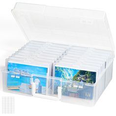 a clear plastic storage box filled with pictures