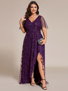 Flatter your curves and make a statement in this stunning plus size v-neck midi dress. Designed with short sleeves and a high low hem, this A-line silhouette dress features sequin embellishments that add a touch of glamour. Perfect for formal events or special occasions, you'll feel confident and beautiful in this elegant ensemble. Cocktail Dress Large Bust, Purple Plus Size Wedding Dresses, Plus Size Drape Dress, Plus Size Fantasy Dress, Evening Gowns For Plus Size Women, Mid Size Prom Dress, Dark Purple Gown Elegant, Lilac Dress Outfit Wedding, Plus Size Evening Gown Special Occasions