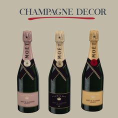 three bottles of champagne sitting next to each other on a gray background with the words champagne decor