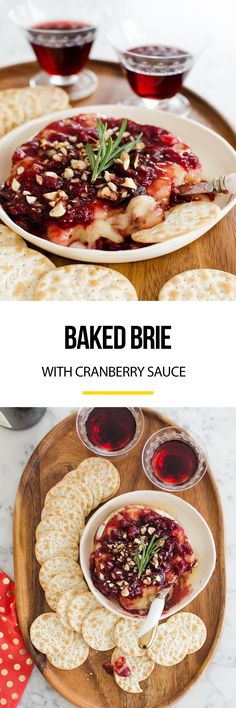 baked brie with cranberry sauce and crackers on a wooden platter