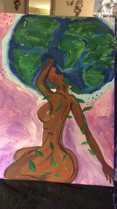 a painting of a naked woman holding a tree