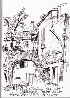 an ink drawing of a house in the countryside