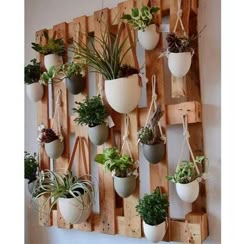 a wooden pallet with hanging planters on the wall and plants in pots attached to it