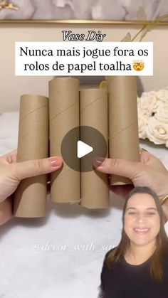 a woman holding several rolls of toilet paper in front of her face with the caption nunca mais joglie fora os rolos de papel toalha