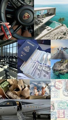 the collage shows different types of travel related items, including an airplane and other things