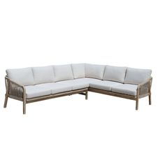 an outdoor sectional sofa with white cushions and wood frame, in front of a white background