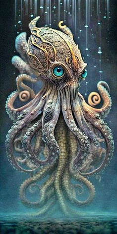 an octopus with blue eyes is floating in the water and it's tentacles are intricately decorated