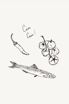 an ink drawing of fish and vegetables on a white background with the words cin cin written above it