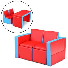 a red and blue couch sitting on top of a white floor next to a chair