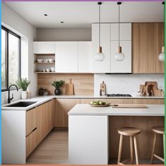 an image of a kitchen setting with white and light wood colors on the cabinets, counter tops, and stools