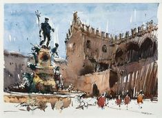 a watercolor painting of a statue in front of a castle