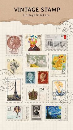 postage stamps with the words vintage stamp collage stickers written on one side and an image of eiffel tower in the middle