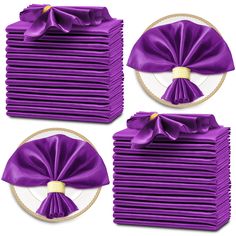 purple napkins and plates with bows on them