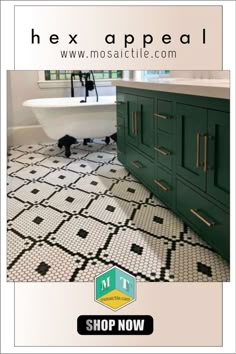 a bathroom with black and white tiles on the floor next to a bathtub, sink and toilet