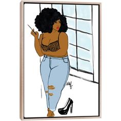 a drawing of a woman in ripped jeans and heels with her hand on her hip