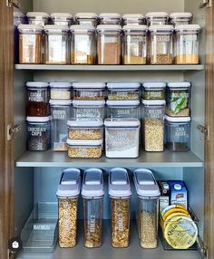 an organized pantry filled with lots of food and storage containers, including cereals, oatmeal, nuts, and other items