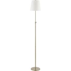 a floor lamp with a white shade on the base and a light bulb at the end