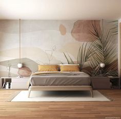 a bedroom with a bed, nightstands and paintings on the wall behind it in neutral colors