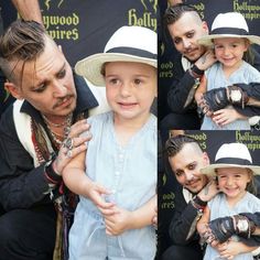 a collage of photos shows a young boy with his arm around an older man's shoulder