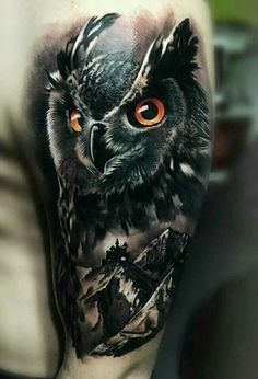 an owl with orange eyes on his arm is shown in three different photos, one showing the